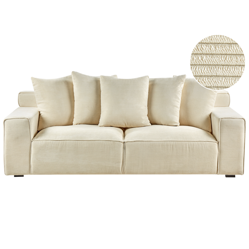 3-Sitzer Sofa Beige Cord mit 5 Dekokissen Breite Armlehnen Sitzfläche Modern Gepolstert Wohnzimmer Gästezimmer Polstersofa