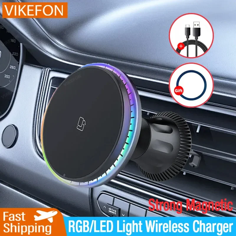 Caricabatterie Wireless Magnetico per Auto con Luce LED RGB per iPhone 12 13 14 15 16 17 Pro Max, Supporto per Telefono, Stazione di Ricarica Rapida