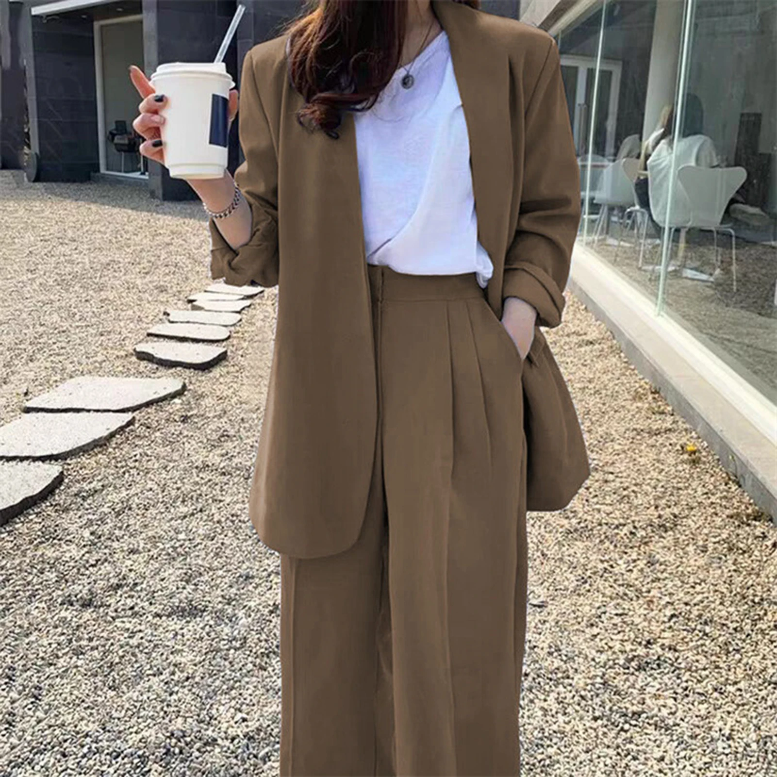 Set di pantaloni da abito a gamba larga Set di abiti da lavoro da donna eleganti Giacca cardigan a vita alta per set di pantaloni da cappotto formale da donna professionale