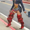 Neues rotes Gitter tuch breit lose große Wade plissiert über dem Knie Stiefel Frauen laufen Weg dünne Absätze Slip auf Oberschenkel lange Stiefel Schuhe 44