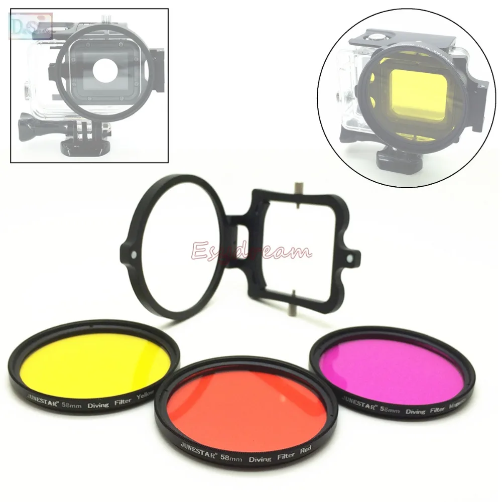 Professionelle 58 Rot Gelb Magenta/Lila Filter + Ring Adapter Kit für Meer Tauchen Unterwasser Fotografie Gopro Hero 5 58mm Image