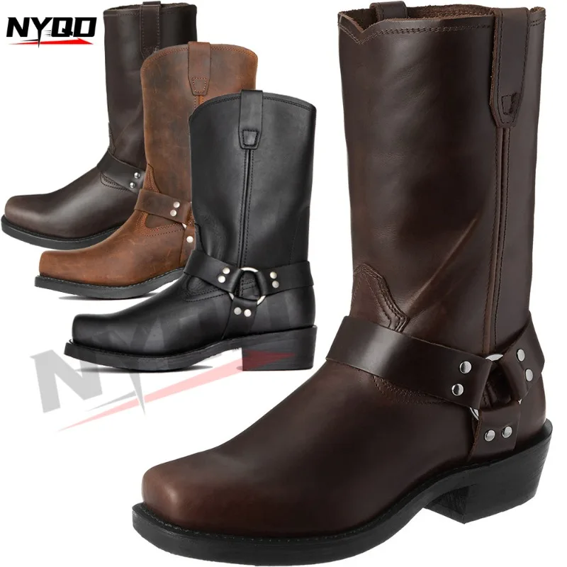 Vintage Herren Cowboystiefel Gürtelschnalle Ring High Top Motorradstiefel Herren Schuhe Mode Karree Warme Stiefel Image