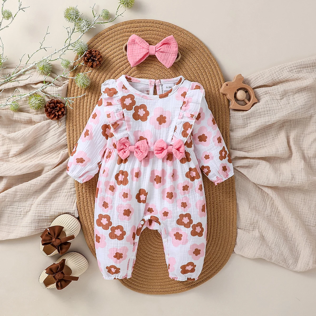 Baby Mädchen Baumwolle Weiche Frühling/Herbst Langarm Druck Floral Mit Schleife Overall Honig Nette Kleidung + Stirnband Image