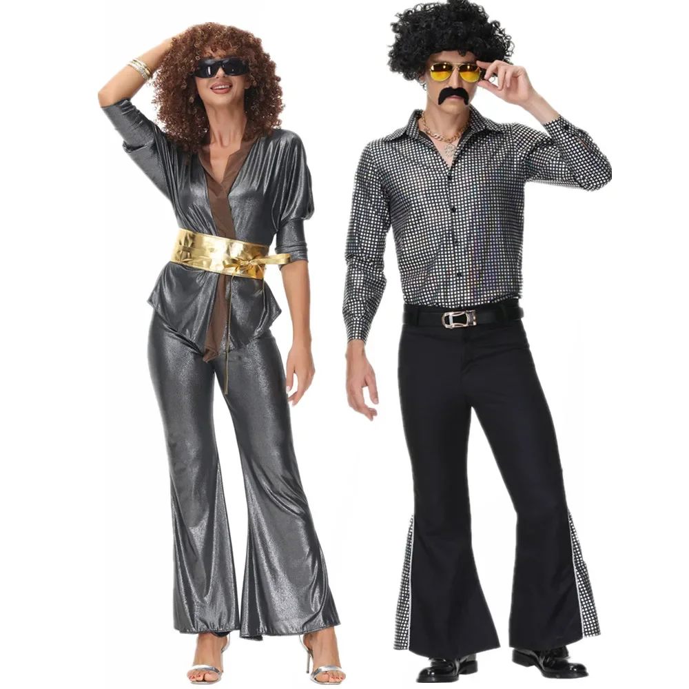 Erwachsene Retro 70er 80er Rock Disco Hippie Kostüm für Damen Herren Cosplay Halloween Karneval Party Image