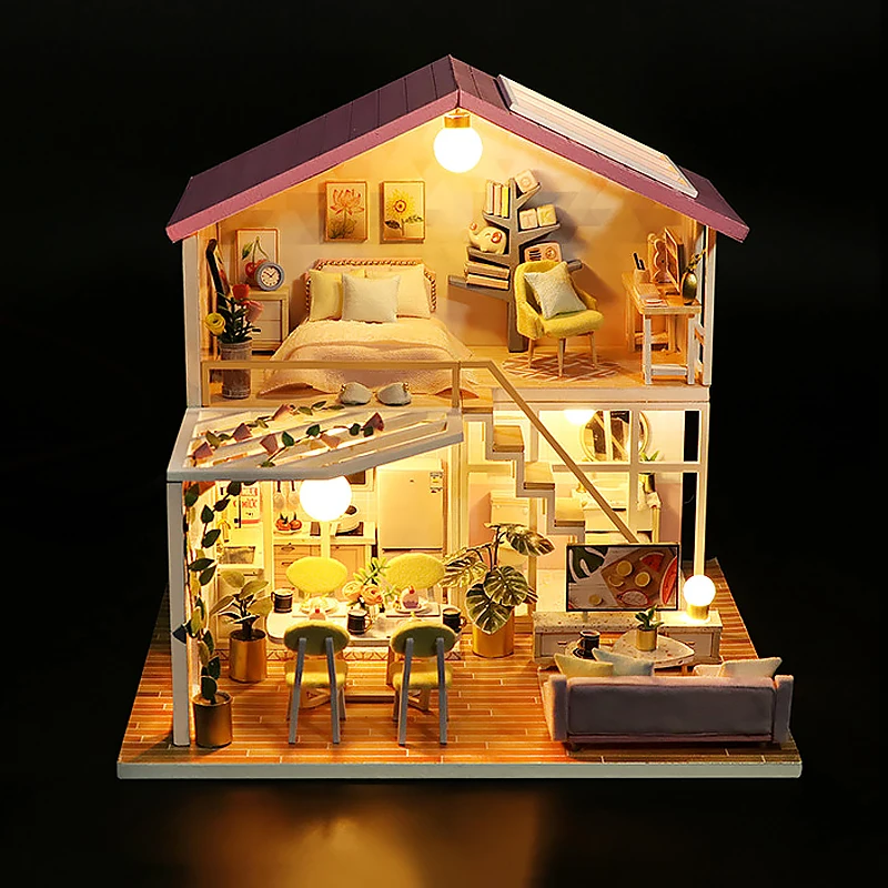Holz Miniatur Puppenhaus 3D Puzzle Montage Modell Gebäude Spielzeug Hause Schlafzimmer Dekoration Mit Möbel LED Lichter Puppenhäuser