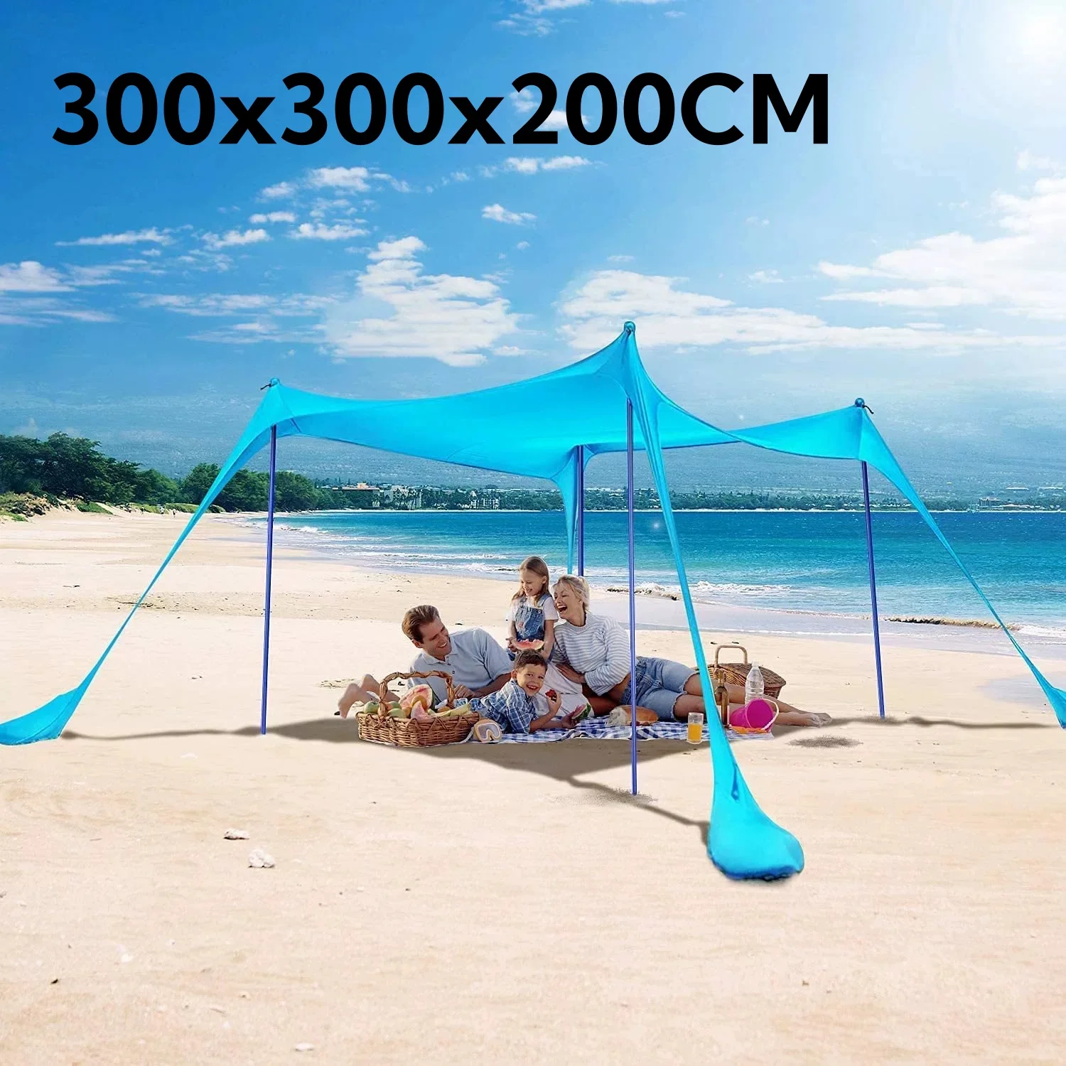 300 x 300 Strandzelt, Sonnenschutz, große Markise, ultraleichter Sonnenschutz für Meer, Outdoor, UV-beständig, Terrassenschutz, Camping, Strandmarkise Image