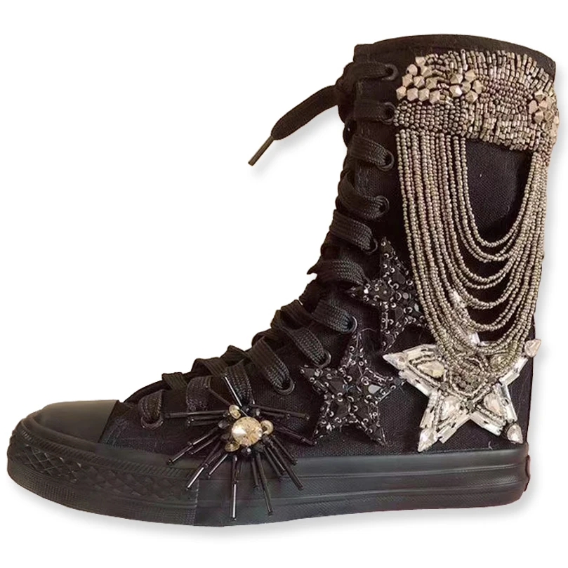 High-Top-Damen-Segeltuchschuhe, mittlere Stiefel, modische handgefertigte vulkanisierte Schuhe, Schnürschuhe, bequeme Turnschuhe, große Größe 42 43