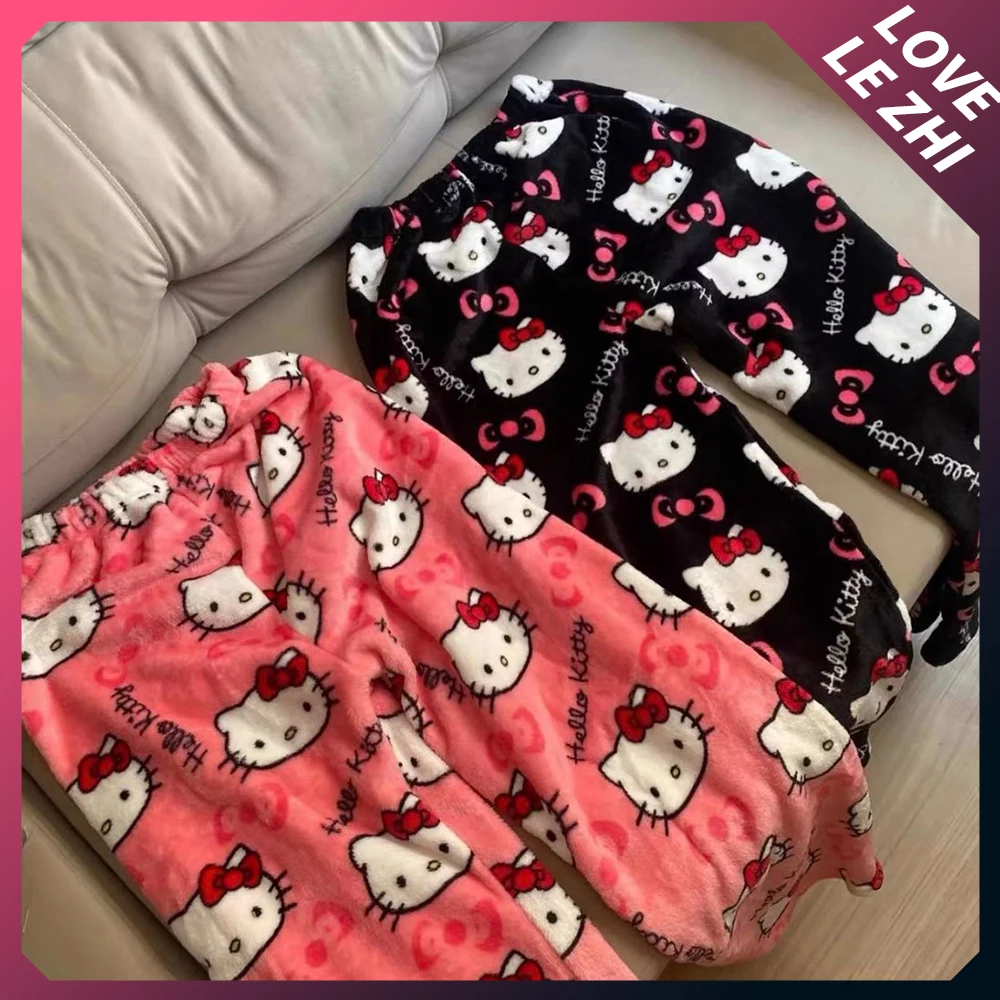Sanrio Hello Kitty's Flanell Lose Pyjamas Mode Hosen Frauen Kawaii Anime Warme Herbst Winter Casual Hause Hose