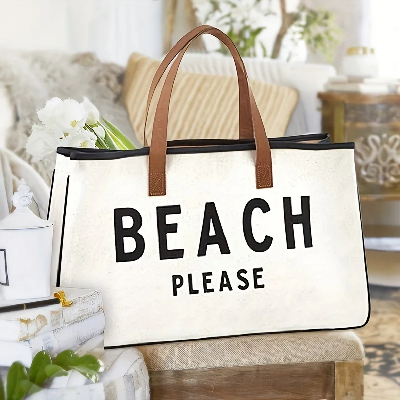Canvas-Tasche, Tragetasche für Damen oder Herren, Sommer-Strandtasche mit großem Fassungsvermögen, einfache Handtaschen mit Buchstabendruck, Einkaufstasche Image