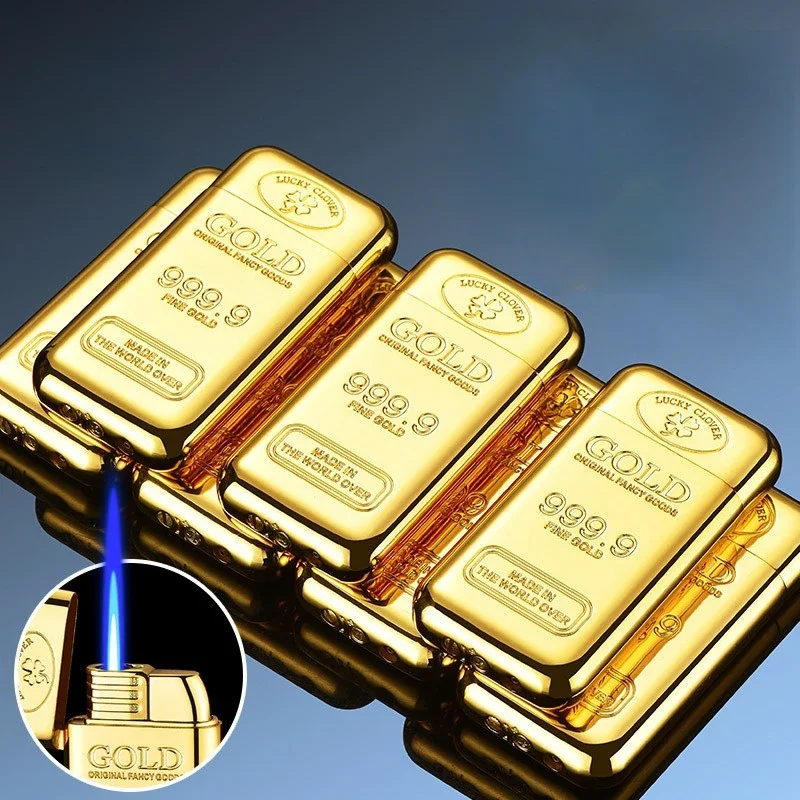 Metall Kreative Gold Ziegel Winddicht Jet Blau Flamme Fackel Gas Feuerzeug Kleine und Reiche Tragbare Zigarre Feuerzeuge Rauchen Großhandel Image