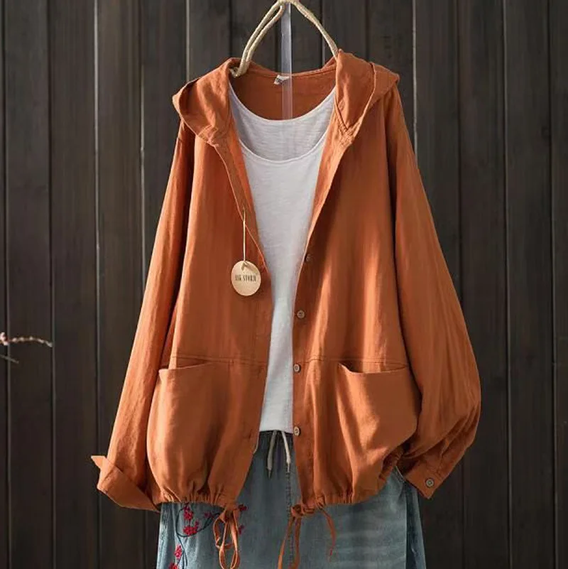 Large size blouses for women hoodies Japan style long sleeve solid shirts cotton hooded tops cardigan plus size women's clothing