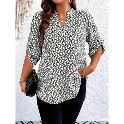 Plus Size 1XL-5XL Women's All Over Print Notch Neck Blouse Casual 3/4 Sleeve Blouse for Spring & Fall Women's Plus Size Clothing