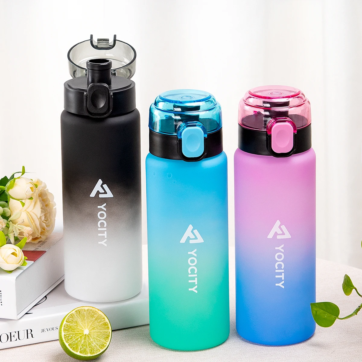 750ml Tritan gefrostete Farbverlauf Wasser flasche zum Trinken tragbare Sport Tee Kaffeetasse Küchen werkzeuge Kinder Wasser flasche Schule Image