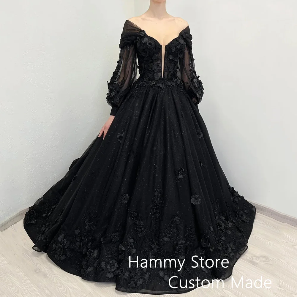 Neuankömmling Gothic-Hochzeitskleid, maßgeschneidert, Puffärmel, V-Ausschnitt, A-Linie, Hofschleppe, 3D-Blumen-Brautkleid für die Braut mit Schnürung