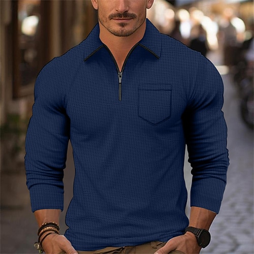 Herren Waffel-Poloshirt Poloshirt mit Viertelreißverschluss Täglich Festtage Viertel Postleitzahl Langarm Modisch Modern Glatt Vordertasche Frühling Herbst Regular Fit Schwarz Weiß Marineblau Image