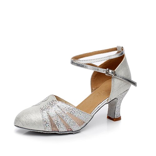 Damen-Tanzschuhe aus blauem Glitzersatin mit Kreuzriemen und Mesh-Design, bequemer Absatz für lateinamerikanischen und Gesellschaftstanz Image