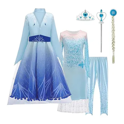 Girls Elsa Princess Cosplay Costume Kids Long Sleeve Cloak+Blue Dress+Leggings+Accessory Snow Queen