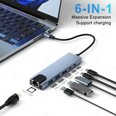 6 in 1 USB C HUB 100M RJ45 Ethernet Adapter 4K Type C 3.1 to HDMI-Compatible SD TF Card Reader PD87W