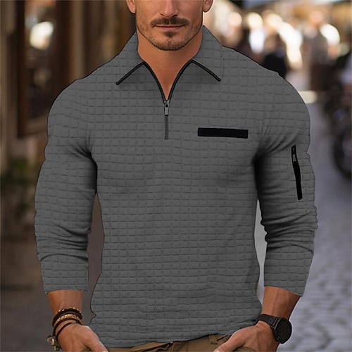 Herren Waffel-Poloshirt Poloshirt mit Viertelreißverschluss Täglich Festtage Viertel Postleitzahl Langarm Modisch Modern Glatt Frühling Herbst Regular Fit Schwarz Weiß Marineblau Orange Dunkelgray Image