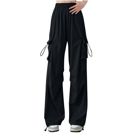 RYRJJ Baggy Parachute Pants for Women& Girls Drawstring Elastic High Waist Ruched Cargo Pants Multiple Pockets Jogger Y2K Wide Leg Trousers(Black M)