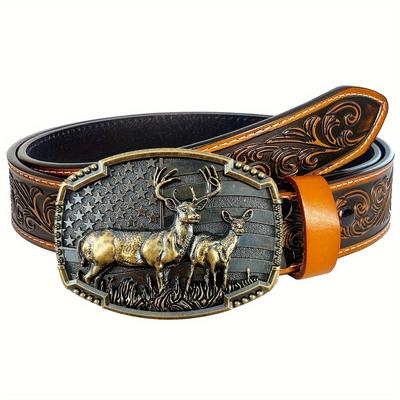 TEMU Mens Womens Western Cowboy Cowgirl Belt Deer Buckle Engraved Embossed Leather Belt Rodeo