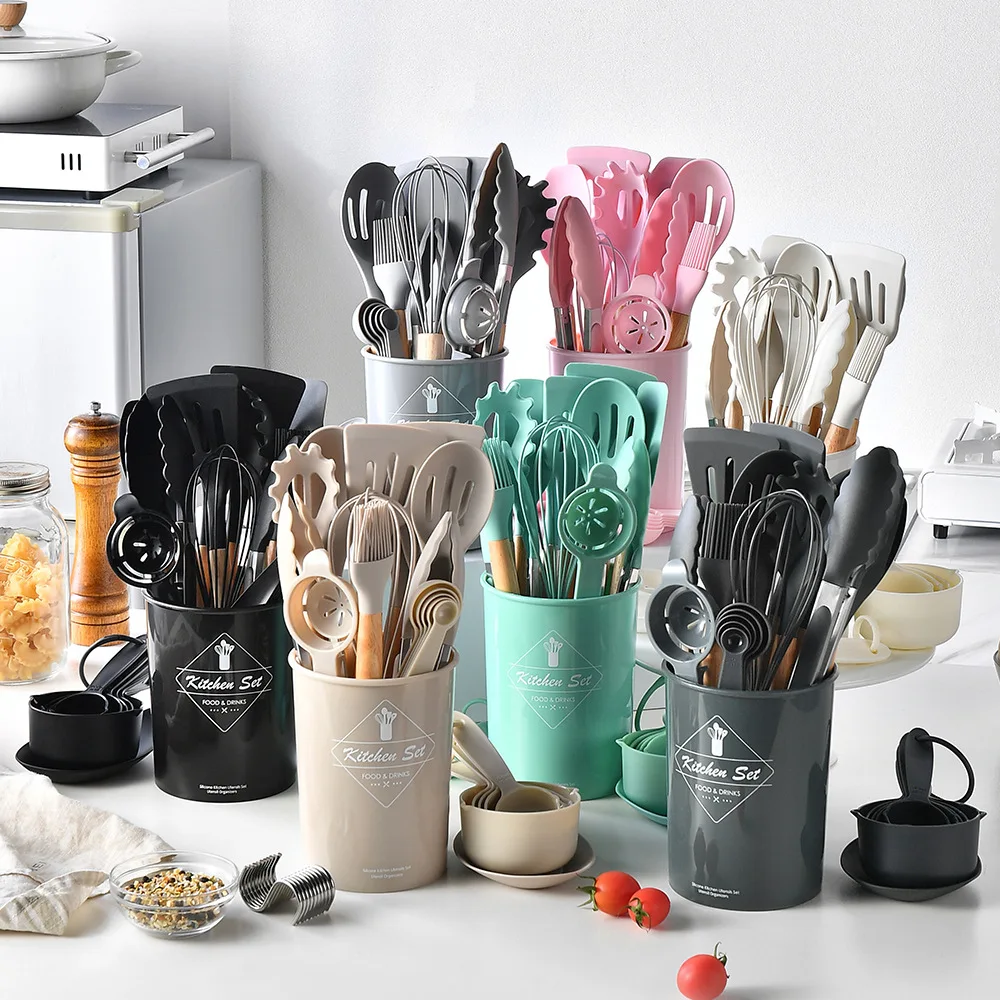 Ensemble d'ustensiles de cuisine en silicone, qualité alimentaire, ustensiles de cuisine, spatule tournante, cuillère à mesurer, pratique, F2, 12 pièces