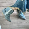 Plissee Denim Stiefeletten Frauen Herbst spitzen Zehen dicken Absatz Cowgirl Stiefel Frau Blue Jeans Schuhe Botas plus Größe 42