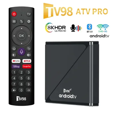 TV98 ATV Pro TV Box Android 14 Allwinner H313 Quad Core 8K 5G 2,4G Dual Wifi BT5.0 Sprachfernbedienung 2GB 16GB IPTV Smart Set Top Box
