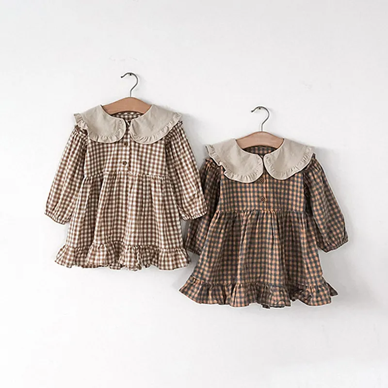 Frühling Herbst Mädchen Kleidung süße Kinder Kleider Kinder Baby Mädchen Plaid Baumwolle Leinen Revers Kragen Kleid Langarm Rock Image