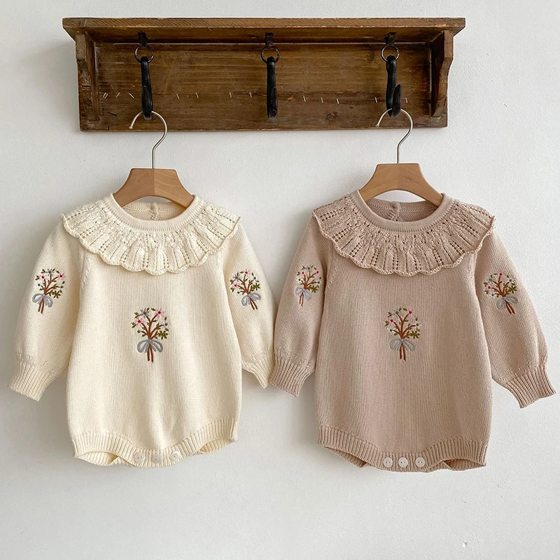 Neue Baby Mädchen Strampler Herbst Geboren Baby Gestrickte Strampler Rüschen Stickerei Neugeborenen Baby Kleidung Säuglings Baby Overalls Mädchen Insgesamt Image