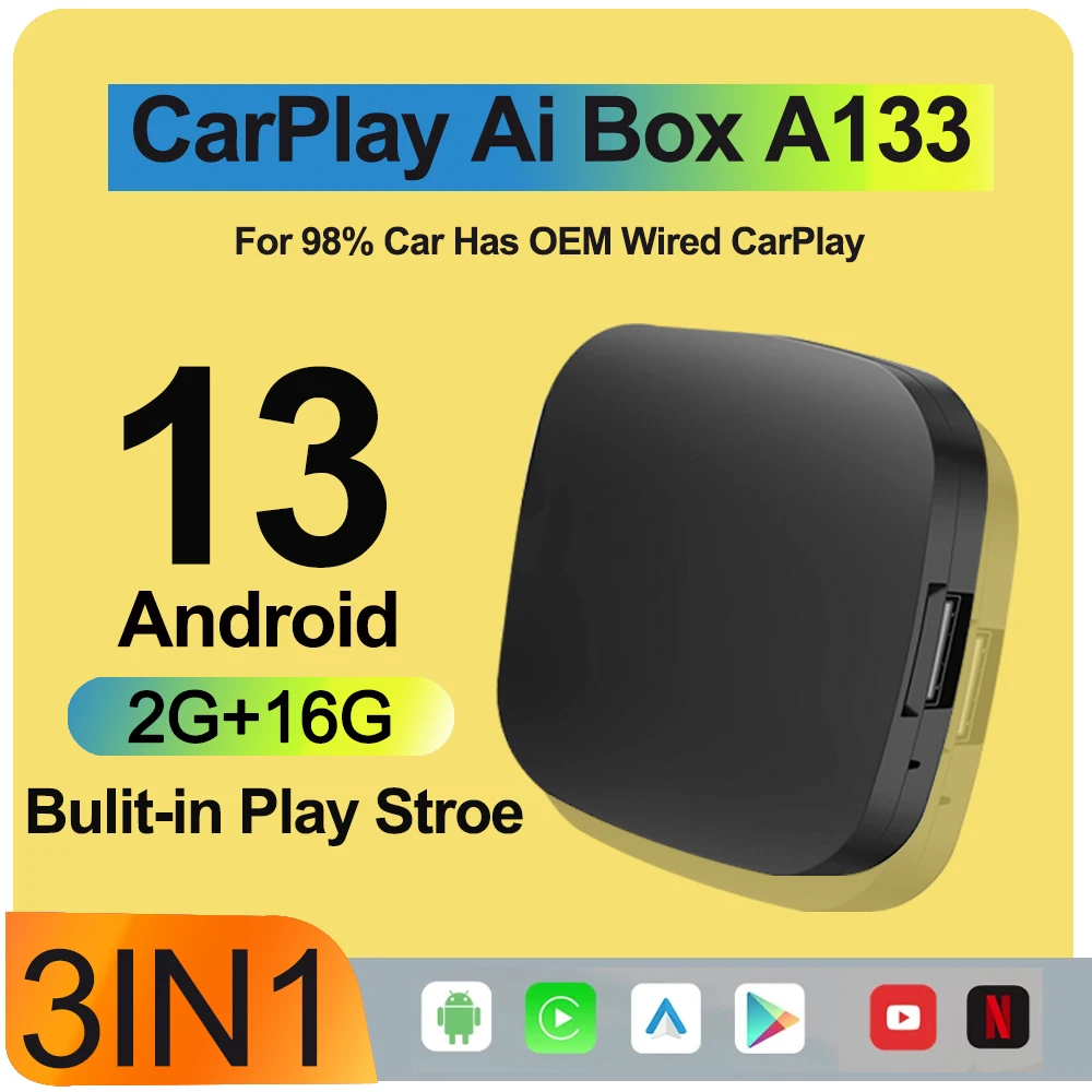 Android 13 Carplay AI Box Drahtloser Carplay-Adapter Android Auto für Netflix Youtube VW Toyota Mazda Hyundai Haval GMC Ford Chev Image