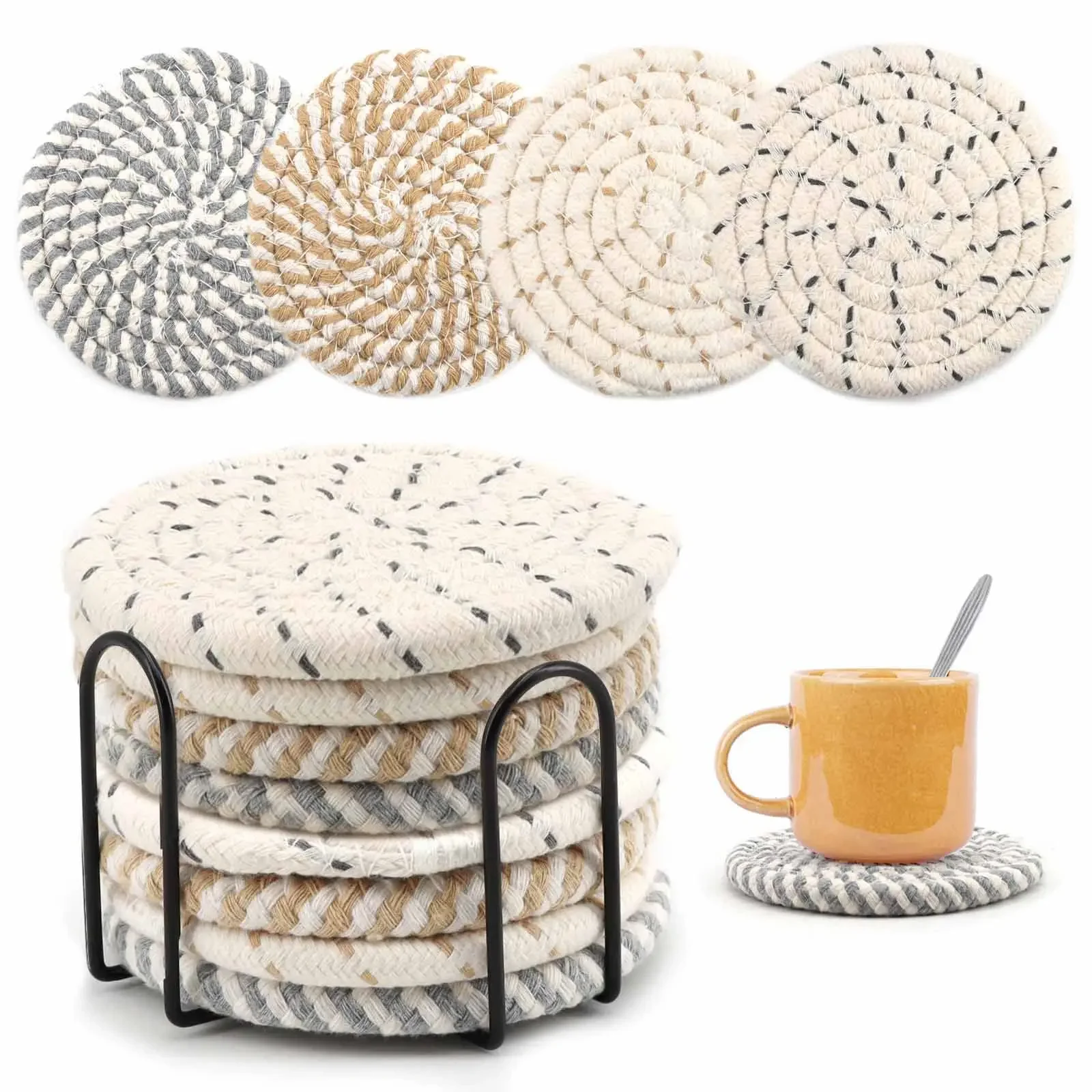 8-teiliges Tassenuntersetzer-Set für Getränke, saugfähiges gewebtes Untersetzer-Set mit Halter, Bauernhaus-Stoff, Tassenuntersetzer für Kaffee, Tee Image
