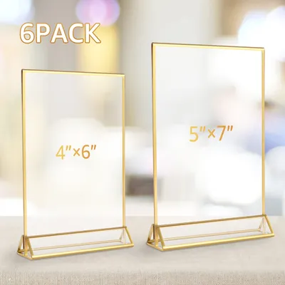 24/6pc Clear Sign Holder Gold Borders Acrylic Picture Frame Display Stand Table Menu Stands for