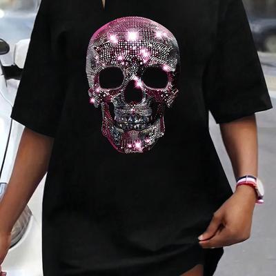 TEMU Pkdze Oversized Drop Shoulder T-shirt - Black Casual Graphic Tee With Pink Sequin Skull Design, Breathable Summer Top, Machine Washable, Skull T Shirt, Casual Attire, Relaxed Fit Shirt Image