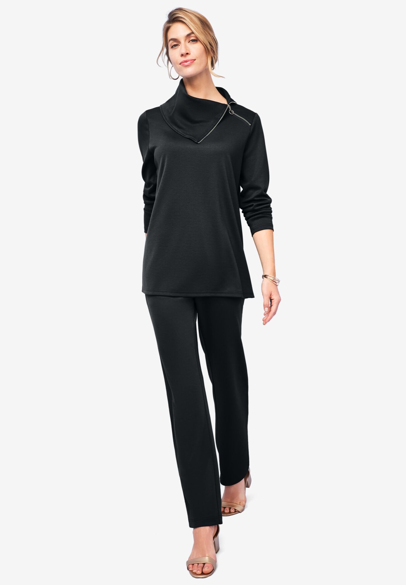 Plus Size Women's Ponte Split Neck 2-Piece Set by Jessica London in Black (Size 3X)