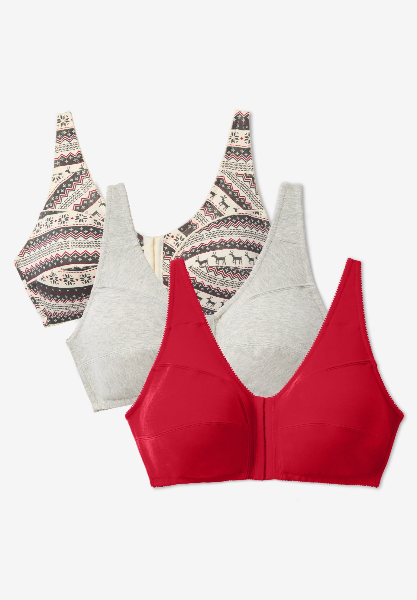 Plus Size Women's 3-Pack Front-Close Cotton Wireless Bra by Comfort Choice in Classic Red Assorted (Size 52 DDD)