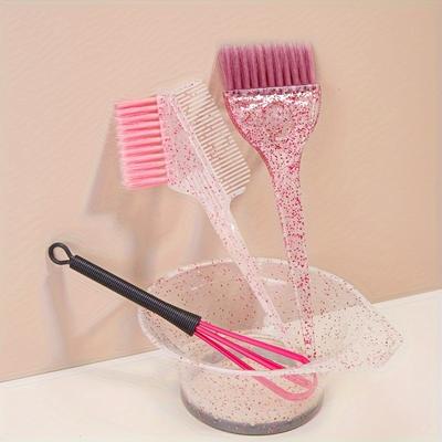 TEMU 4pcs Hair Styling And Highlight Dyeing Set, Sparkling Hair Dyeing Comb, Oil Dyeing Brush, Single Sided Soft Hair Transparent Pearl Dyeing Brush, Hair Dye Mixing Stick, Highlight Dyeing Bowl Image