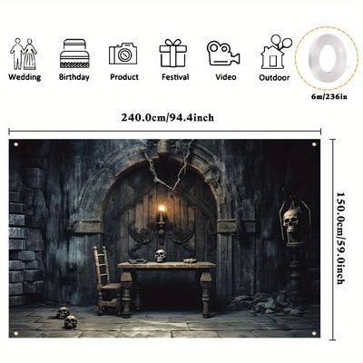 TEMU 1pc, Polyester Decorative Banner, Vintage Dungeon Photography Backdrop Cloth, Happy Horror Thriller Party Photo Booth Supplies, 4 Corner Drilled Holes, Easy To Hang Indoor And Outdoor