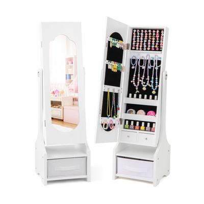 Costway Freestanding Kids Jewelry Armoire Cabinet with Storage and 2 Tilt Angles-White