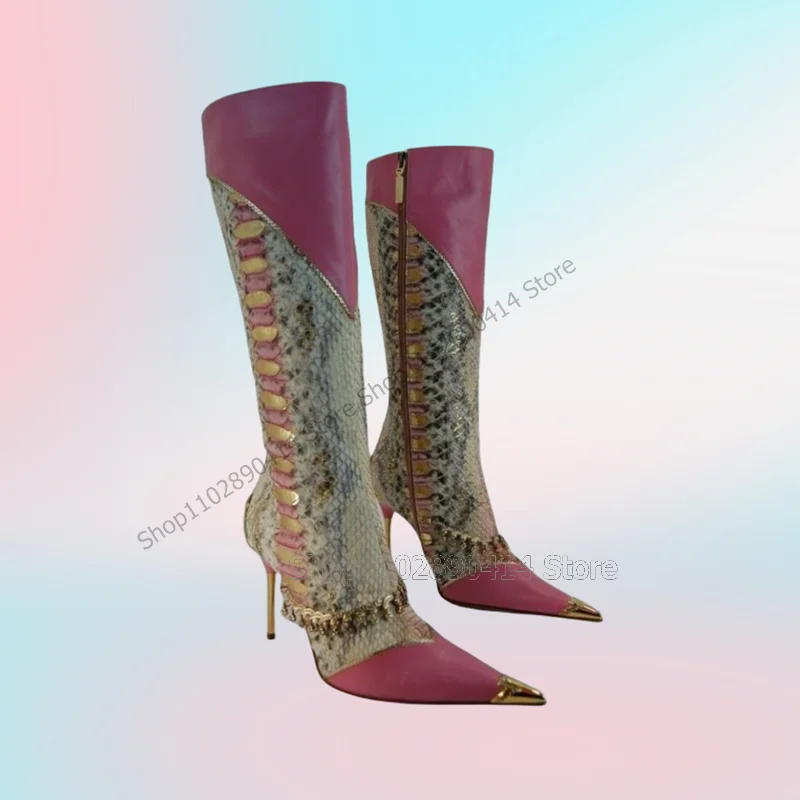 Rose Rot Schlangenleder Druck Kette Dekor Spitz Stiefel Seite Zipper Frauen Schuhe Dünne High Heels Mode 2023 Zapatos Para Mujere