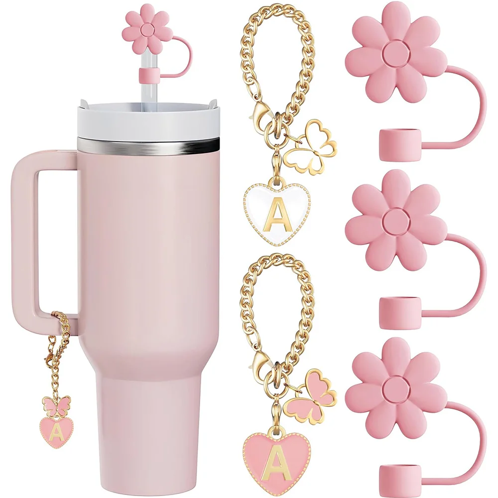 2 süße Buchstaben-Charms für Stanley 30 und 40 Oz Tumbler mit Griff und 3PCS Hot Pink Straw Toppers für Stanley Cup Straw Cover Cap Image