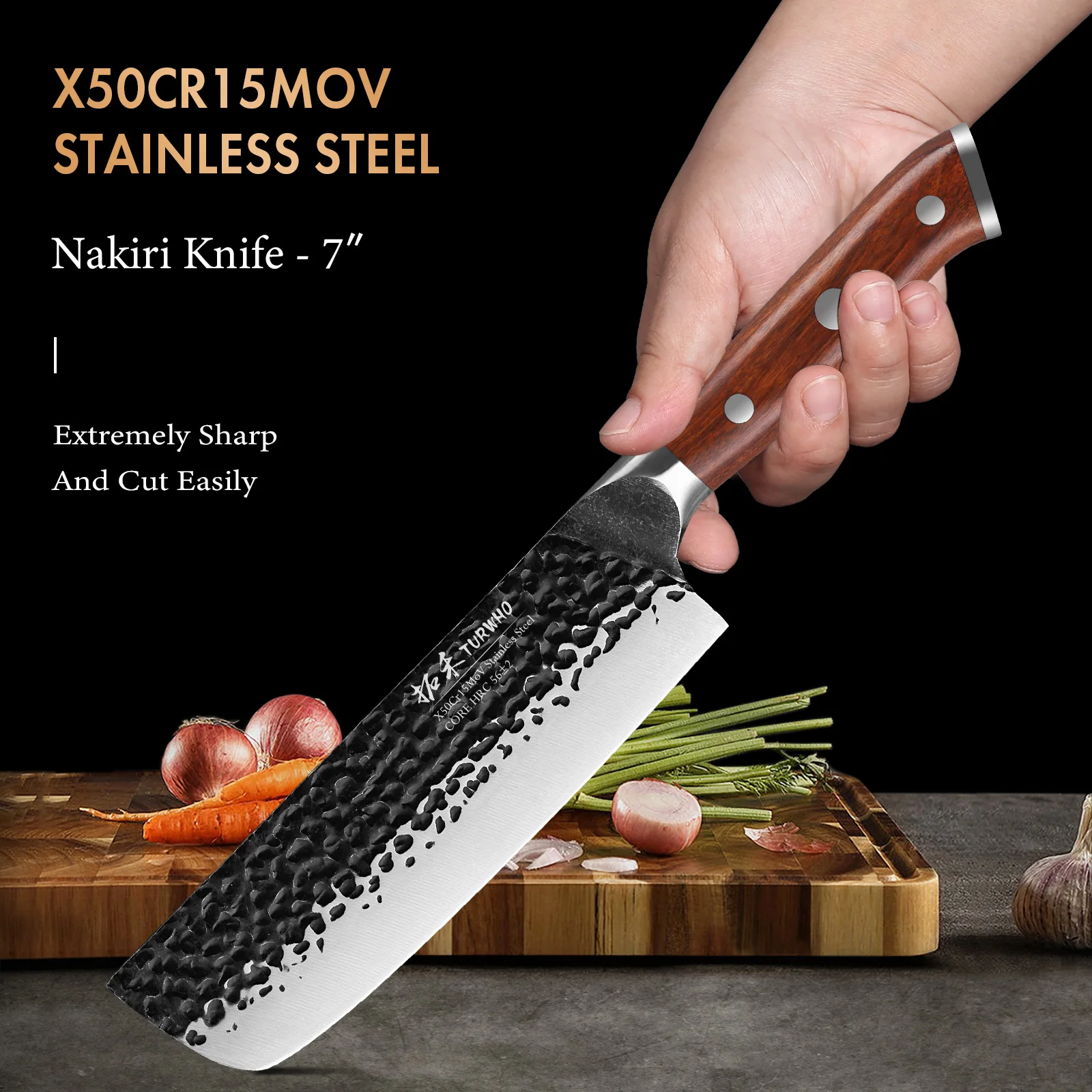 TURWHO 7" Japanisches handgeschmiedetes Nakiri-Messer X50Cr15MoV Edelstahl Küchenchef-Messer Hackmesser Gemüse Fleisch Kochutensilien Image