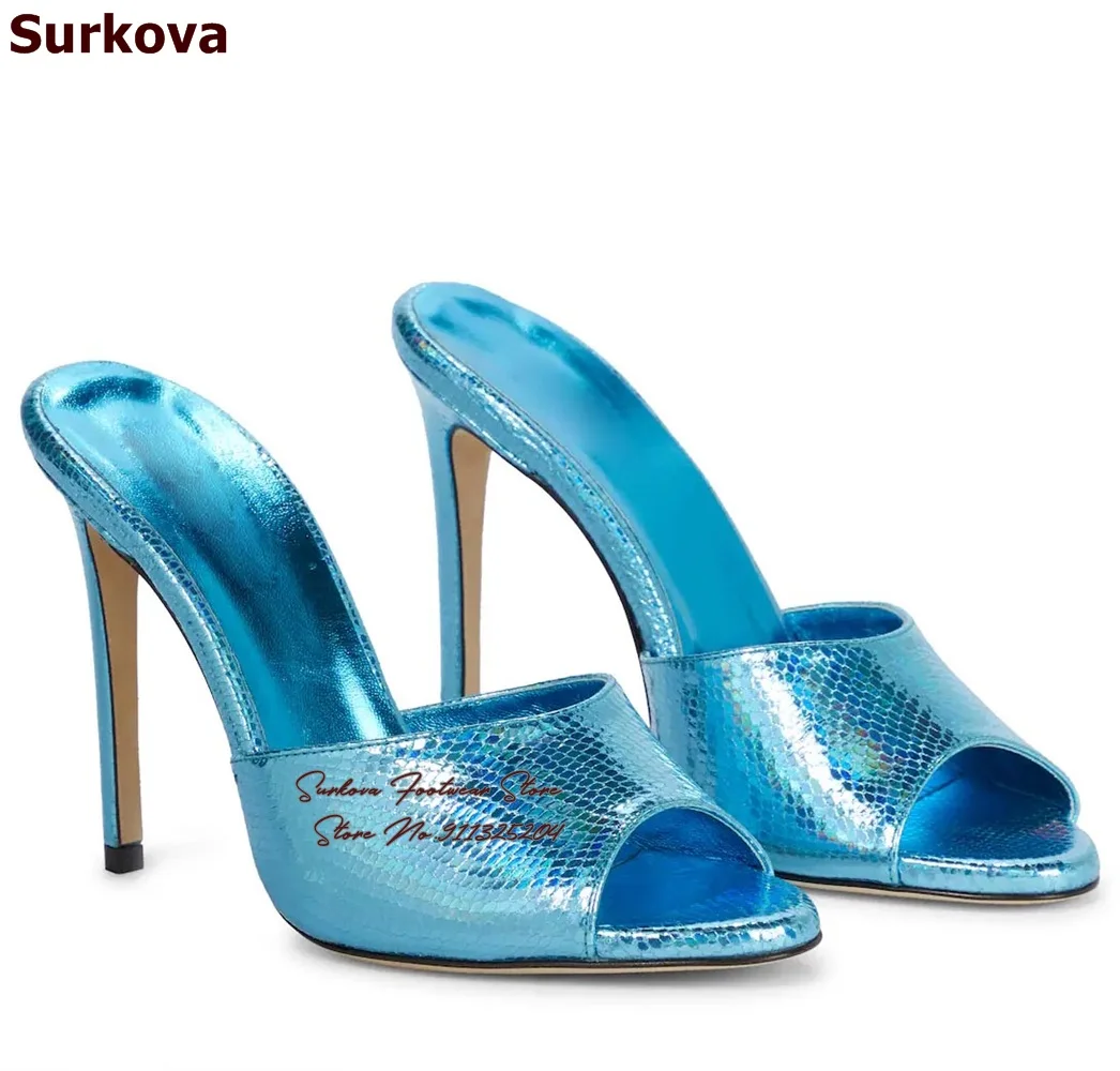 Surkova Himmelblau Hologramm Schlange High Heel Hausschuhe Türkis Python Runde offene Zehen Sandalen sexy Slip-On Kleid Schuhe Party Pumps