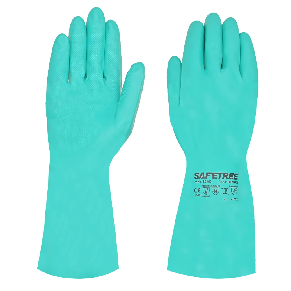 SAFETREE 15 mil 33 cm grüne chemikalienbeständige Nitrilhandschuhe, latexfrei, robust, öl- und säurebeständig, sicherer Handschuh MICROORGANISMS Image