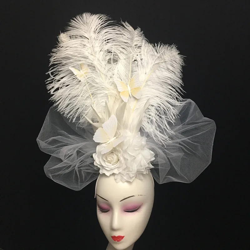Weiße Feder Blume Modell Bühne Spaziergang übertreiben kreative Make-up Design Kopf bedeckung für Cosplay Image