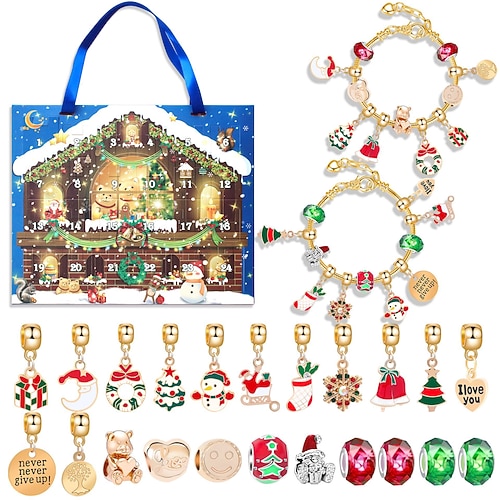 Adventskalender Füllgeschenke Weihnachtsgeschenke für Mädchen Charm-Armband Countdown Kalender für Kinder 24 Fächer Weihnachts Countdown Kalender Überraschungshandarmband Schmuckset Image