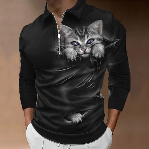 Herren Katze Poloshirts mit Reißverschluss Golfshirt Langarm Polo-Shirts Hemden mit Kragen Lässig Lustig Streetwear Urlaubskleidung Party-Outfits 3D-Druck Viertelreißverschluss-Poloshirt Schwarz Image