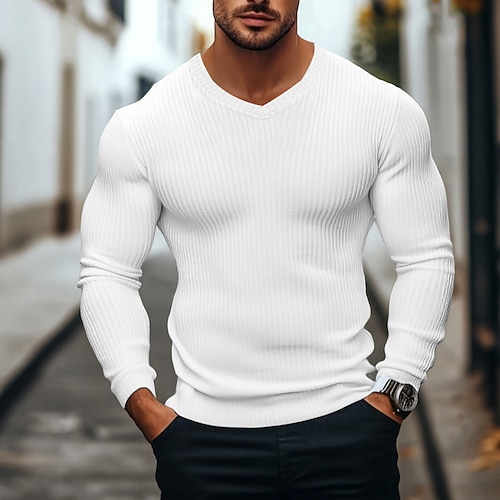 Herren T Shirt Muskelshirt Geripptes Strick-T-Shirt T-Shirt Langarm V Ausschnitt Sommer Einfach Grubenstreifen Mode Designer Basic Gerippt Urlaub Straße Ausgehen Schwarz Weiß Burgunderrot Top T-Shirt Image