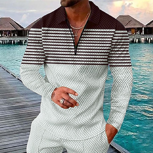 Herren Gestreift Hawaiianische Polohemden Golfshirt Langarm Polo-Shirts Hemden mit Kragen Lässig Strandbekleidung Urlaubskleidung Party-Outfits 3D-Druck Viertelreißverschluss-Poloshirt Schwarz Rote Image