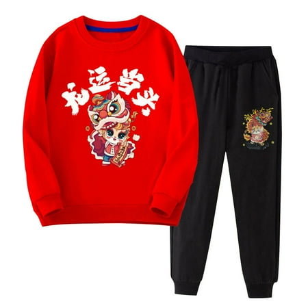 Otqutp Baby Round Neck Round Neck Children s Red New Year Wear Boys and Girls Children Dragon Year Casual Sweatshirt Pants Two Sets Fall Winter Clothes (D 18-24 Months)
